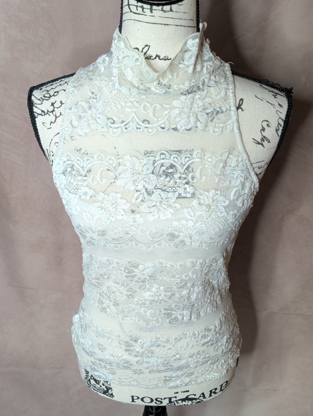Cache Cream Lace Beaded High Neck Sleeveless Blouse Size Small